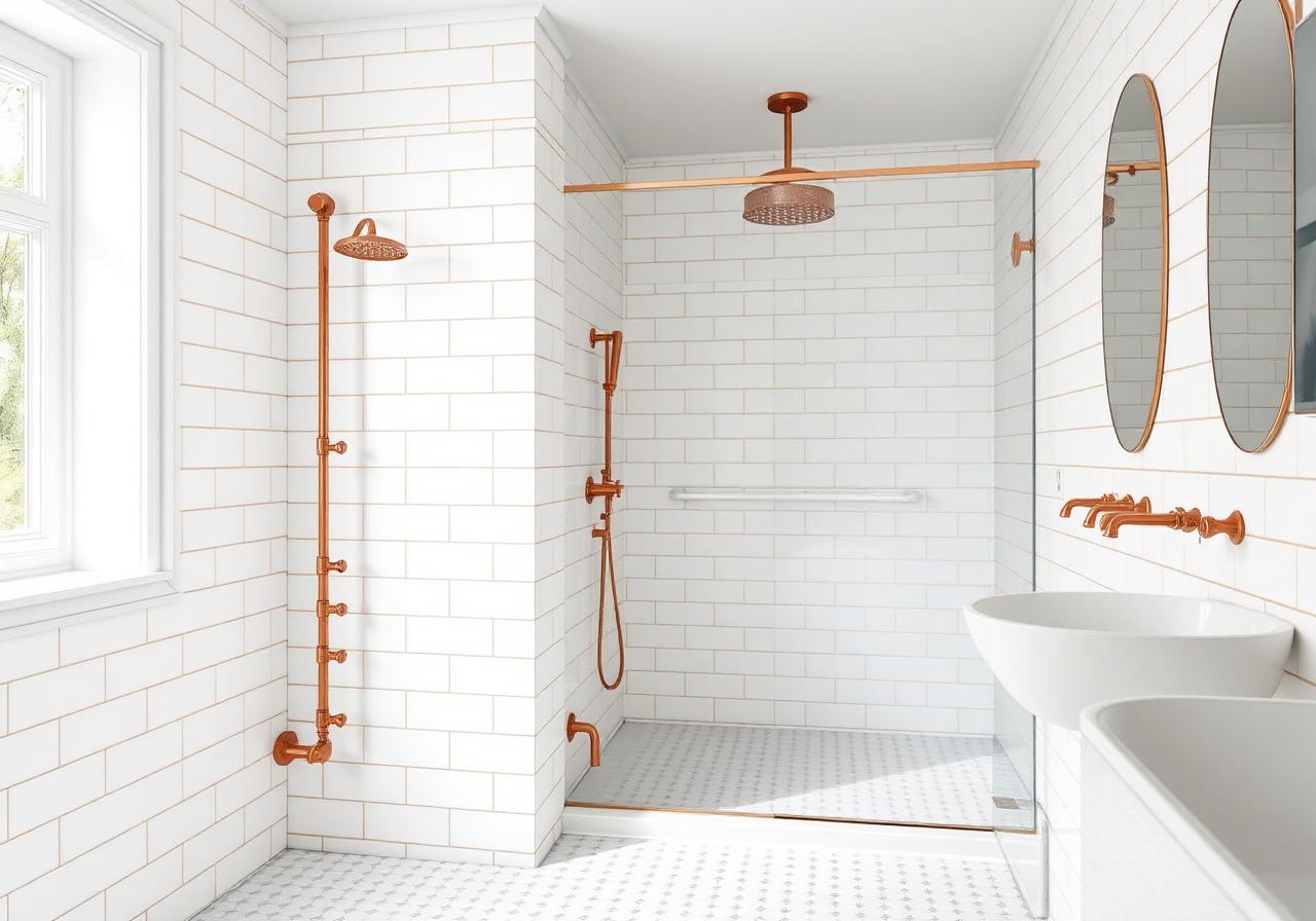 Moderne bad med kobberdetaljer utført av Johnsrud Rør